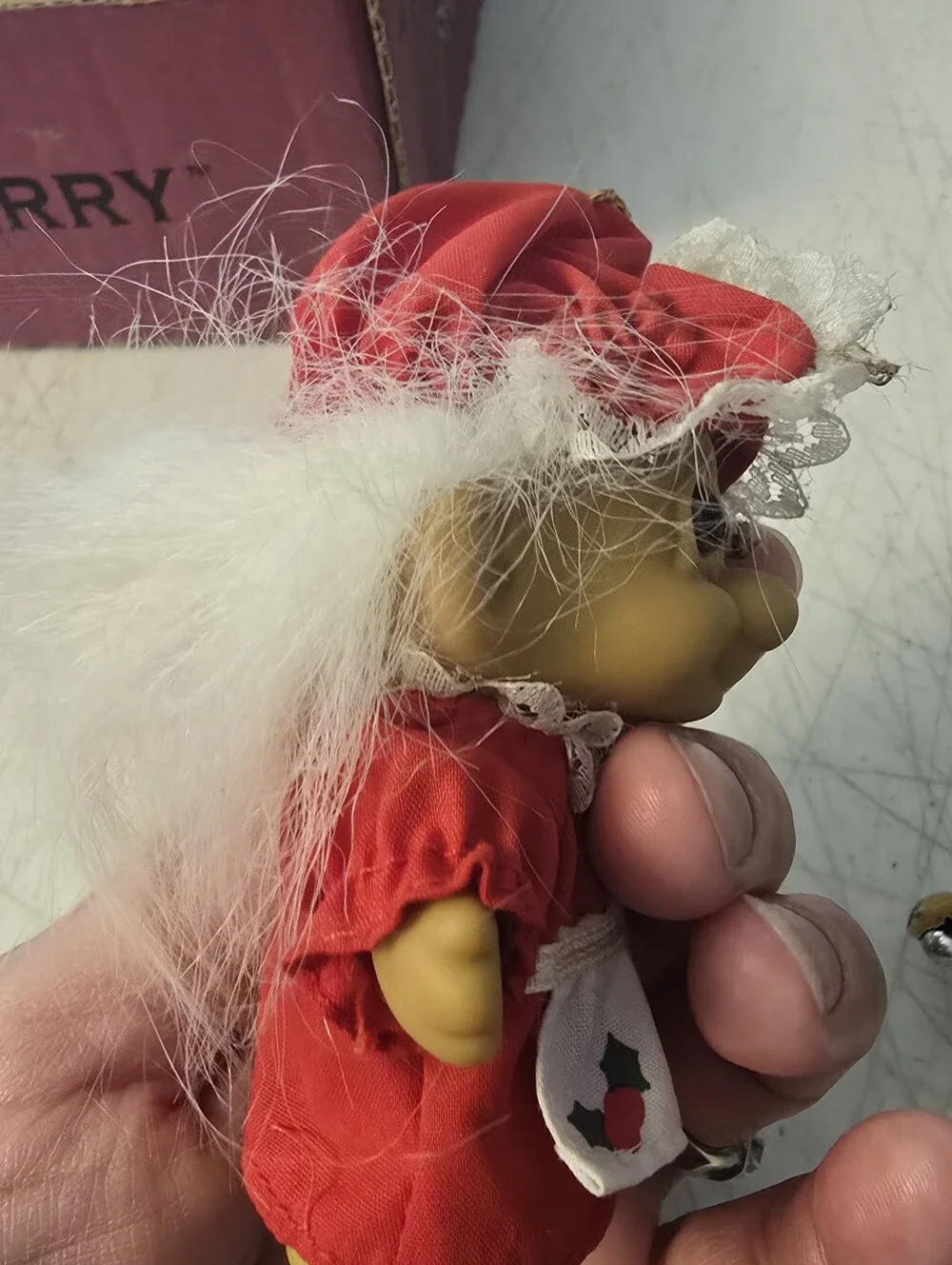 2 Vintage Trolls Small One Dressed As Christmas Tree and Mrs. Clause Russ & Dam